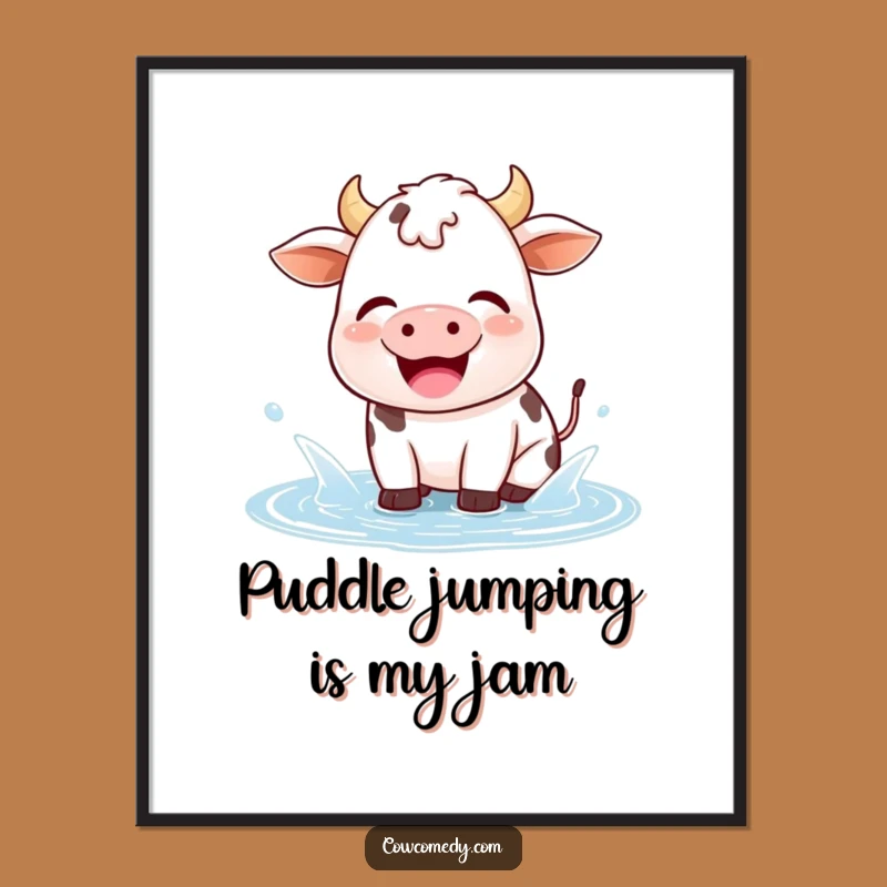 Free Printable Kawaii Cow Wall Art: Joyful Puddle Splash Funny Downloadable Art