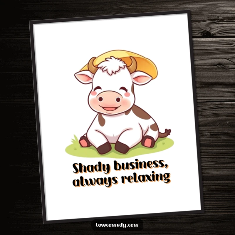 Funny Free Printable Wall Art: Content cow with a happy sigh, resting peacefully under a sunshade.
