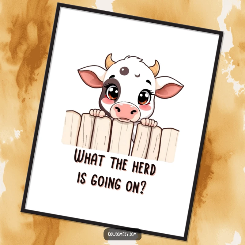 Funny Free Printable Wall Art: A curious cow peeking over a fence with wide eyes, looking for adventure.