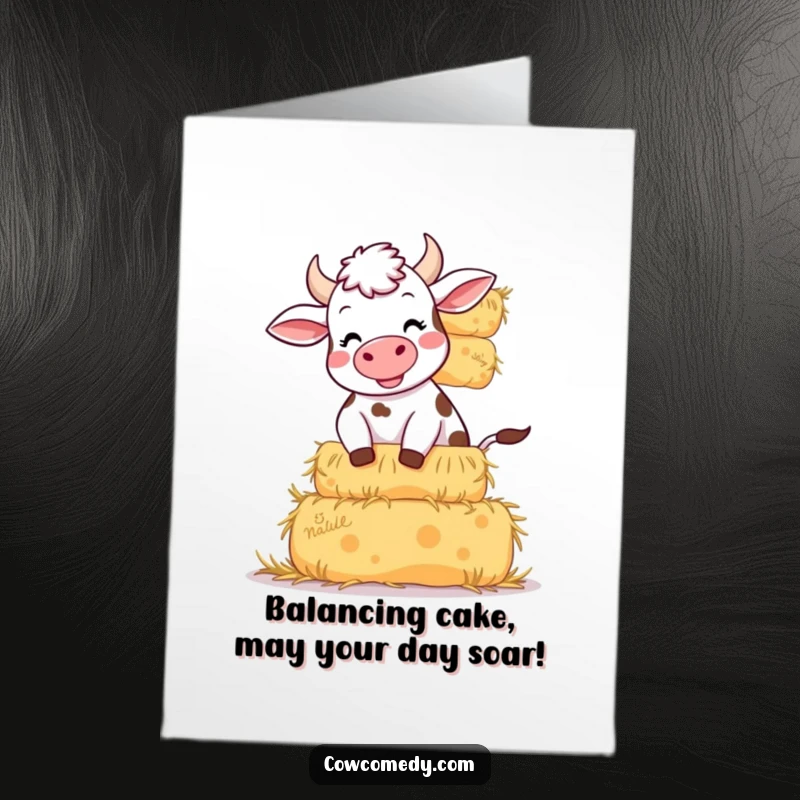 Funny Free Printable Birthday Card: A giggling cow struggling humorously to balance a tall stack of hay bales.