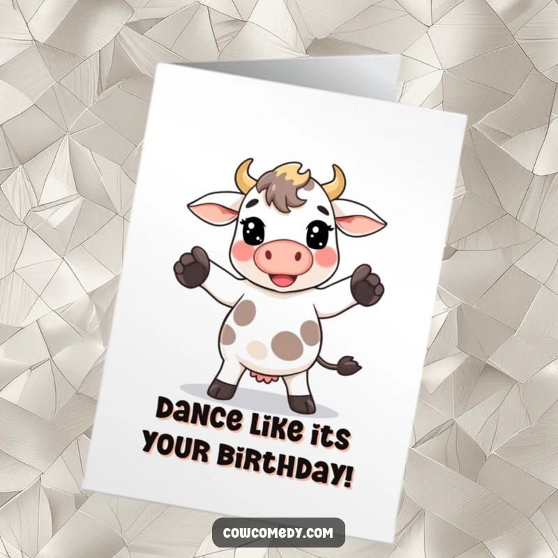 Funny Free Printable Birthday Card: Kawaii cow busting out a goofy hoof dance move to celebrate a birthday.