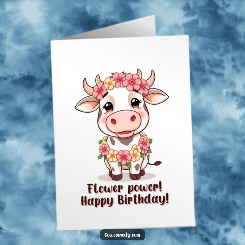 Funny Free Printable Birthday Card: Silly cow wearing a large, colorful floral garland around its head, humorous downloadable greeting.
