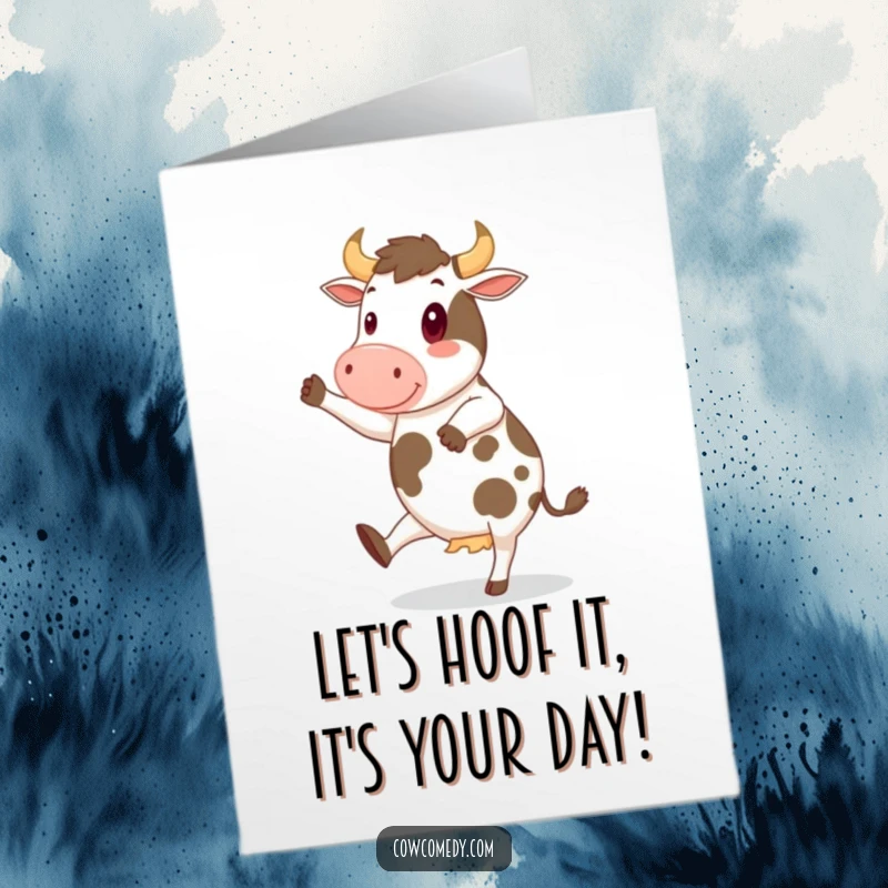 Funny Free Printable Birthday Card: Cheerful cow joyfully doing a jig with its hooves up, humorous downloadable greeting.