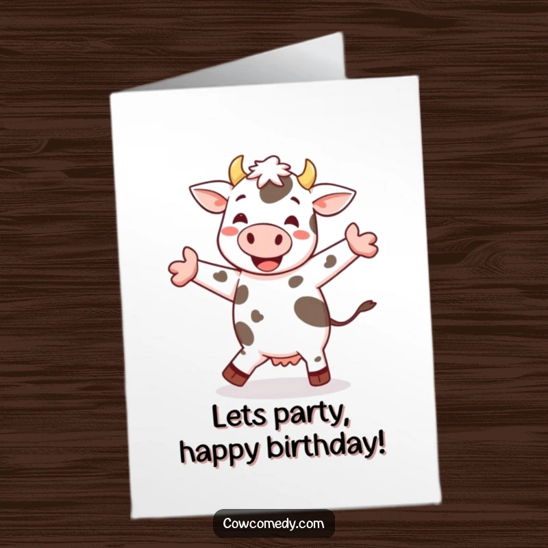 Funny Free Printable Birthday Card: A cheerful spotted cow performs a happy little jig, spreading birthday cheer with spots.