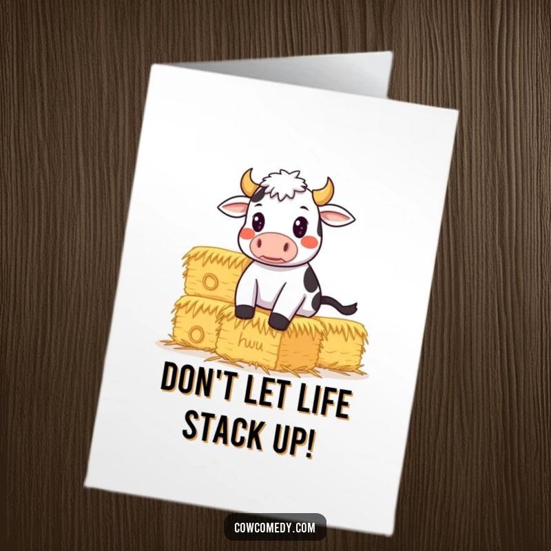 Funny Free Printable Birthday Card: Determined cow struggling to balance a tall stack of hay bales, humorous downloadable greeting.