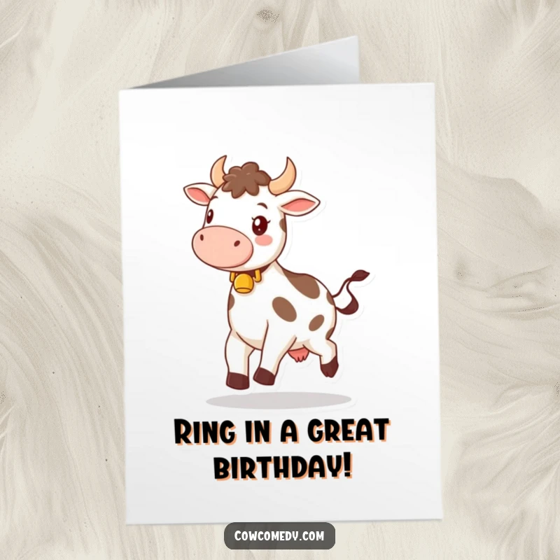 Funny Free Printable Birthday Card featuring a happy cow with a bell around its neck, skipping joyfully, sending birthday wishes.