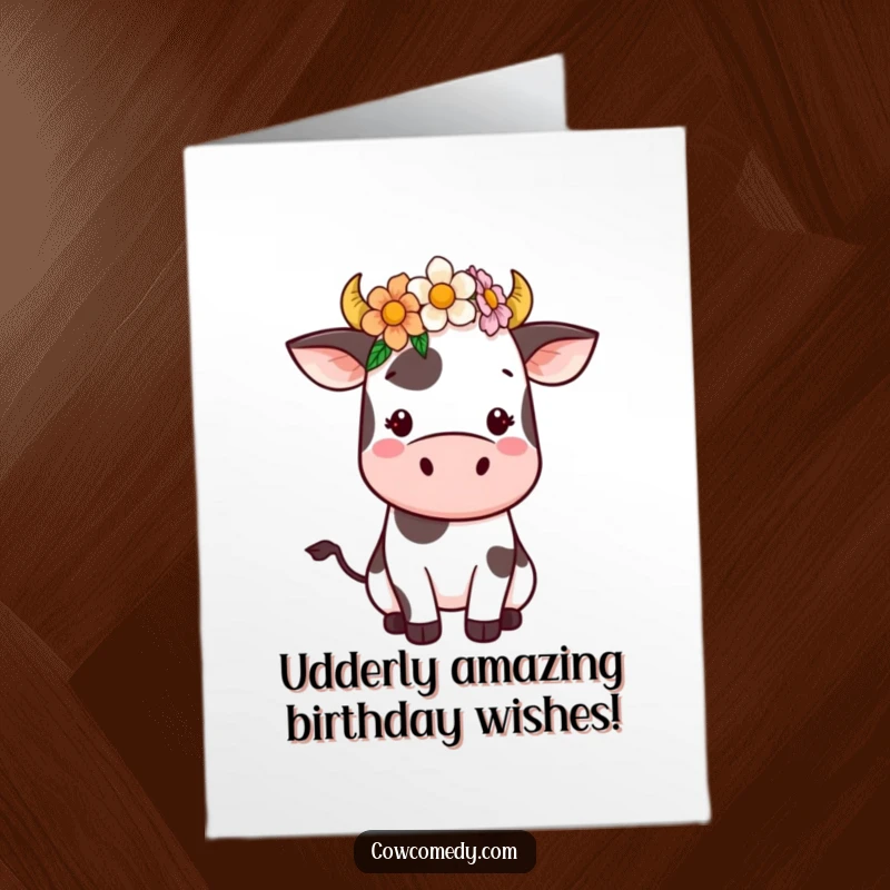 Funny Free Printable Birthday Card: Kawaii cow with a flower crown, balancing it precariously with a happy expression.
