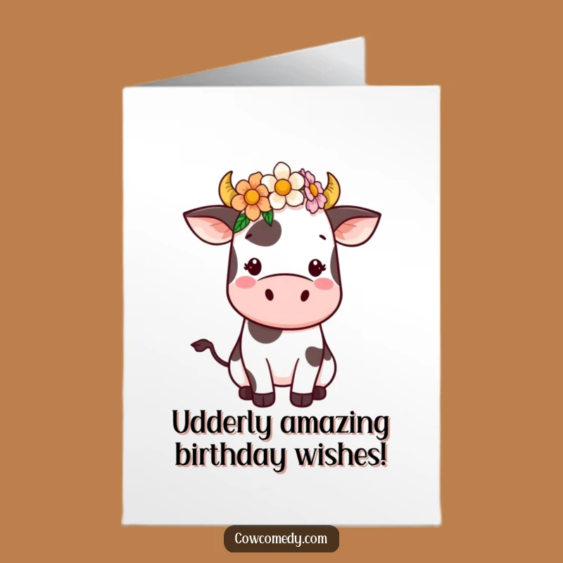 Free Printable Birthday Card: Kawaii Cow Flower Crown Funny Downloadable Gift