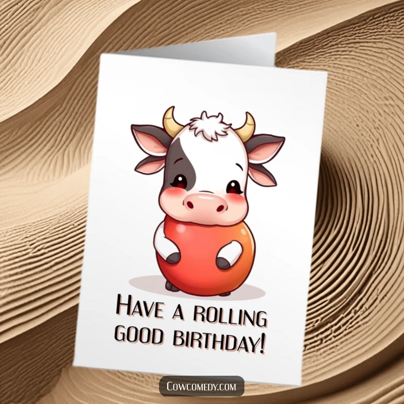 Funny Free Printable Birthday Card: A curious cow gently nudges a large, round apple with its nose.