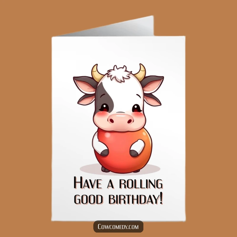 Free Printable Birthday Card: Playful Cow Rolling Apple for a Fun Celebration