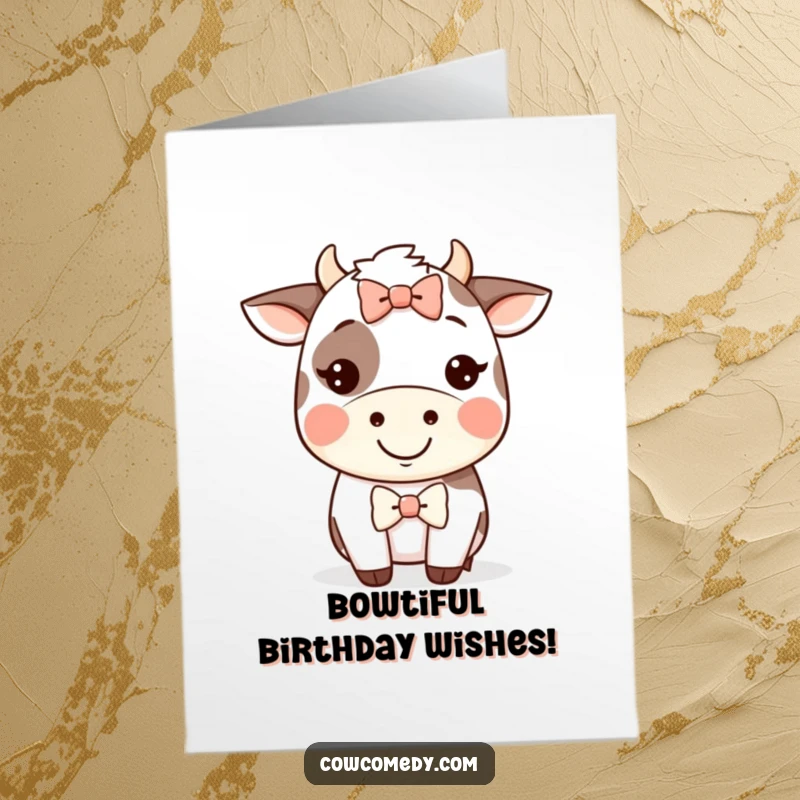 Funny Free Printable Birthday Card: Kawaii cow with a wide happy grin, sporting a ridiculously silly bow for a birthday wish.