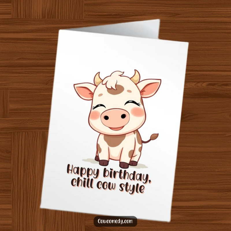 Funny Free Printable Birthday Card: Smiling cow with eyes closed, serene expression, enjoying a breeze, perfect for a peaceful birthday.