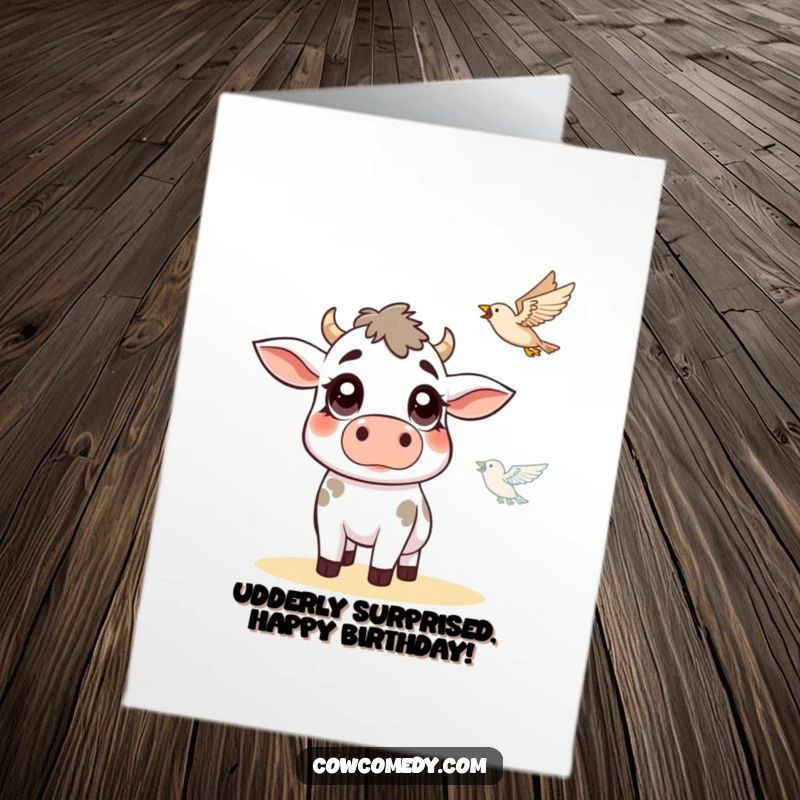 Funny Free Printable Birthday Card: Cow with wide, astonished eyes looking up at a bird in mid-flight.