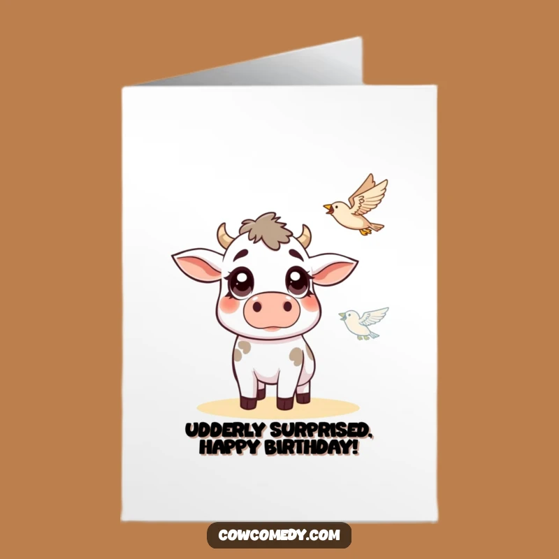 Free Printable Birthday Card: Surprised Cow & Bird, Funny Downloadable Gift Moment