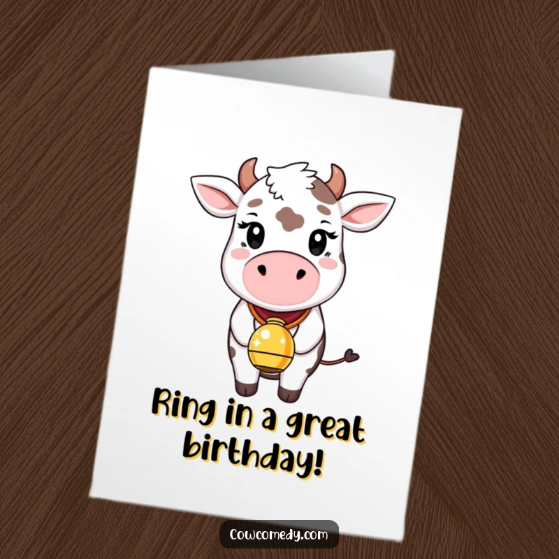 Funny Free Printable Birthday Card: A whimsical cow happily wearing a bell that sparkles with pure glee.