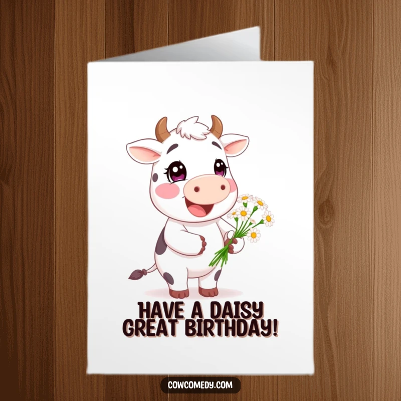 Funny Free Printable Happy Birthday card featuring a happy cow character offering a small, sweet bouquet of daisies.