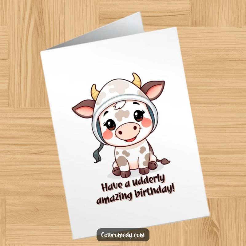 Funny Free Printable Happy Birthday card of a smiling cow kid in a bonnet, happily saying a friendly 'moo'.