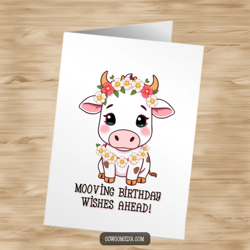 Funny Free Printable Birthday Card featuring a gentle cow in a flower garland, perfect for a whimsical greeting.