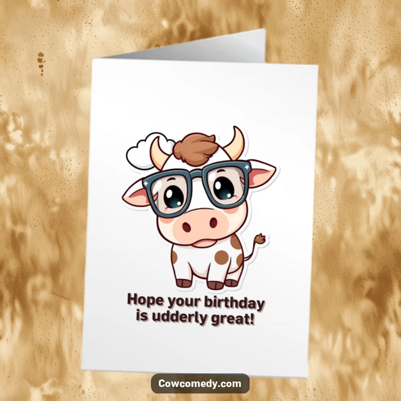 Funny Free Printable Birthday Card: Kawaii cow wearing big glasses, gazing thoughtfully at a cloud, perfect for birthdays.
