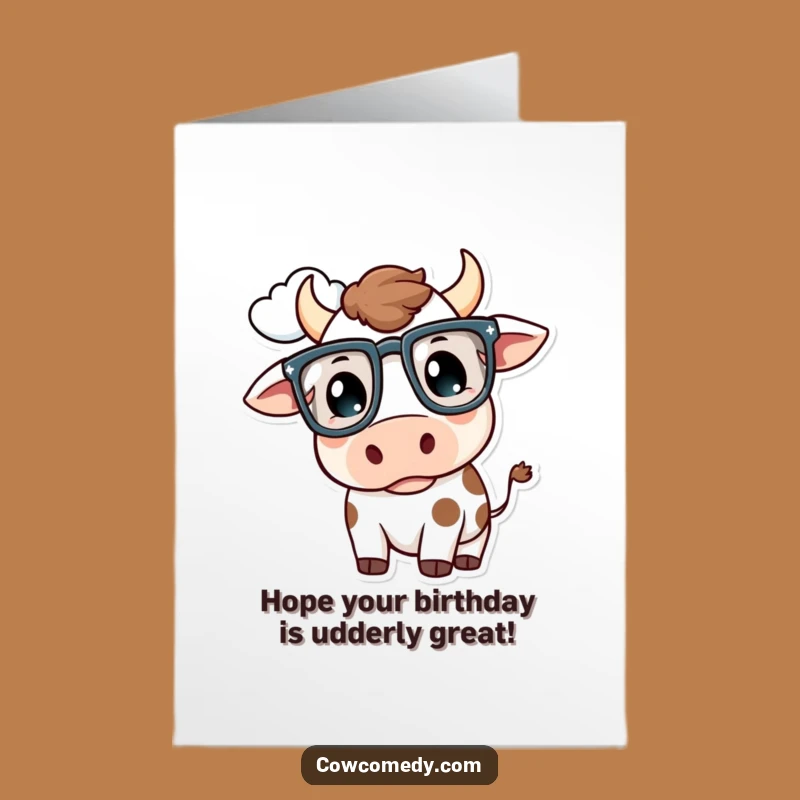 Free Printable Kawaii Cow Birthday Card: Funny Glasses Cow Downloadable Gift