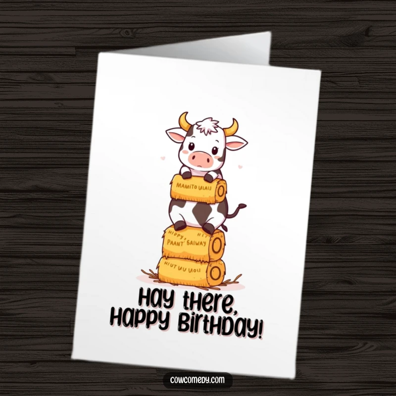 Funny Free Printable Birthday Card: Kawaii cow humorously balancing a tall stack of hay bales, ready to party.
