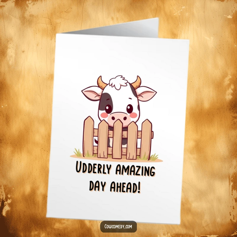 Funny Free Printable Birthday Card: Kawaii cow with big eyes peeking shyly over a tiny cartoon fence.