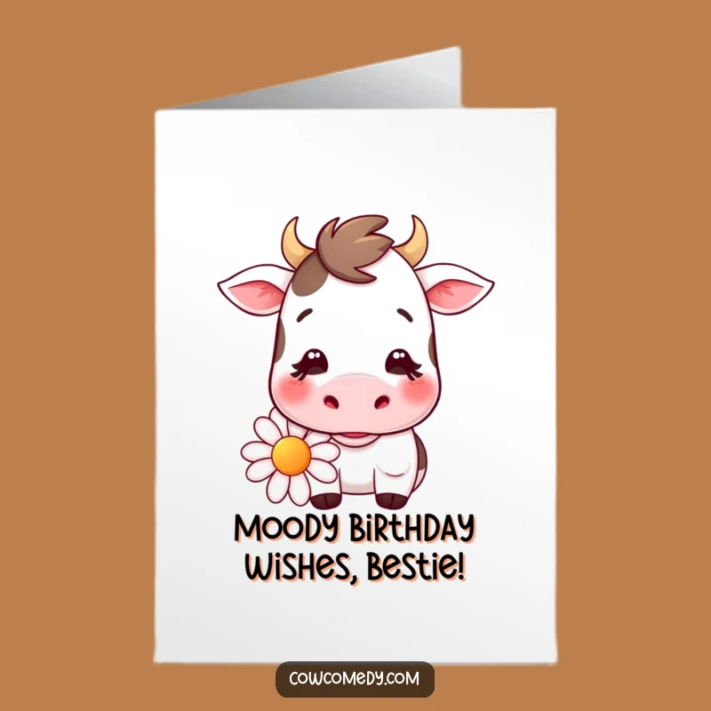 Free Printable Kawaii Cow Birthday Card: Gentle Smile Daisy Chewer Funny Downloadable Gift