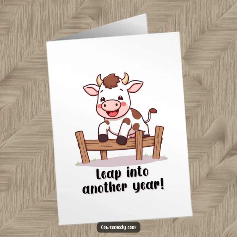 Funny Free Printable Birthday Card: Kawaii cow joyfully leaping high over a small, stylized fence.