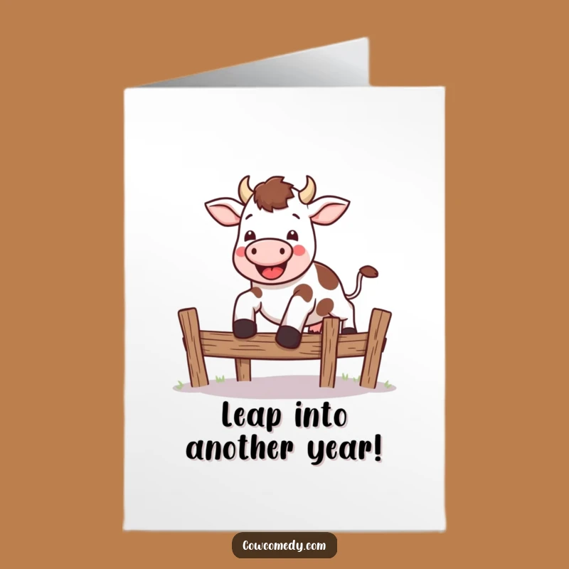 Free Printable Kawaii Cow Leap Birthday Card: Funny Jump Gift Downloadable