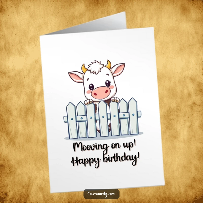 Funny Free Printable Birthday Card: Curious cow with wide eyes peeking over a picket fence, ready to surprise.