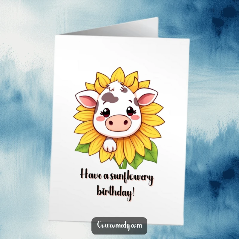 Funny Free Printable Birthday Card: Kawaii cow peeking shyly from behind a giant sunflower, offering a sweet birthday greeting.