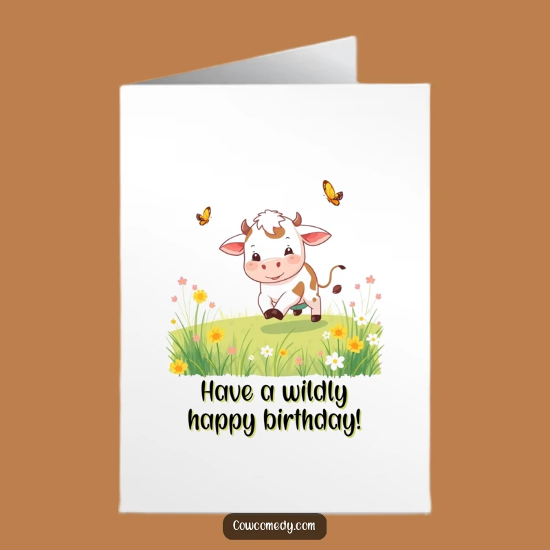 Free Printable Birthday Card: Playful Cow Chasing Butterfly - Funny Gift