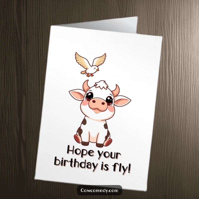 Funny Free Printable Birthday Card: A cow with wide, friendly eyes gazes upwards in awe at a bird flying high.