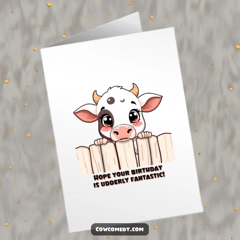 Funny Free Printable Birthday Card: Curious cow peeking over a fence with wide eyes, wondering about the party.