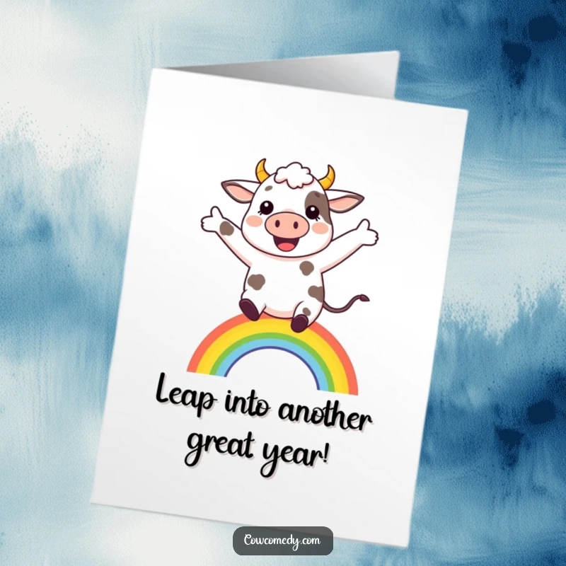 Funny Free Printable Birthday Card: Cheerful cow joyfully leaping over a tiny rainbow, spreading birthday cheer.