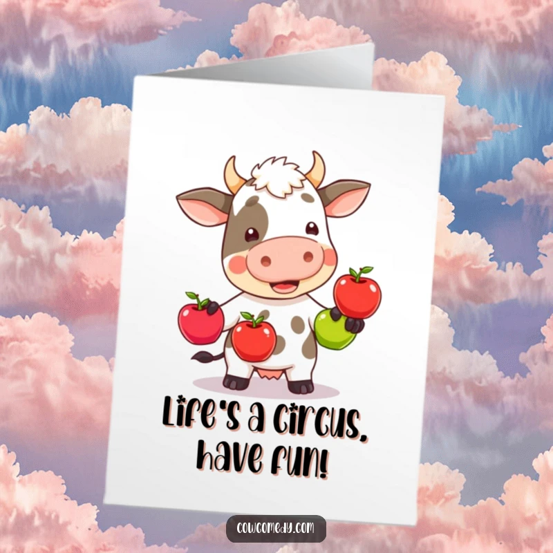 Funny Free Printable Birthday Card: Kawaii cow wobbling while trying to juggle three colorful apples, a comical sight.