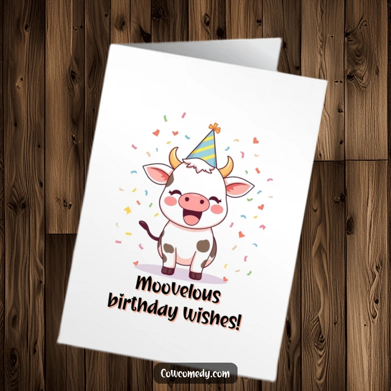 Funny Free Printable Birthday Card: An excited cow wearing a party hat, surrounded by colorful confetti.
