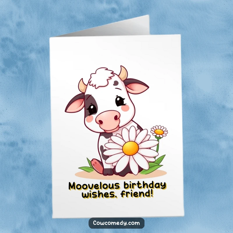 Funny Free Printable Birthday Card: A happy cow joyfully munches on a massive, stylized daisy, spreading birthday cheer.