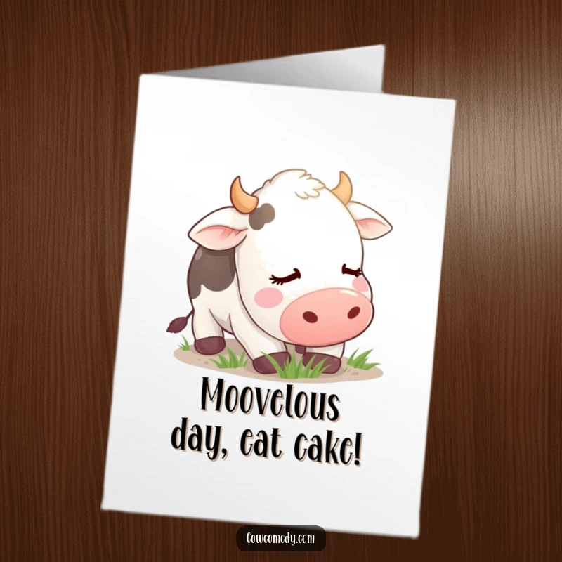 Funny Free Printable Birthday Card: Contented cow with eyes closed, peacefully grazing in a field, a humorous downloadable greeting.