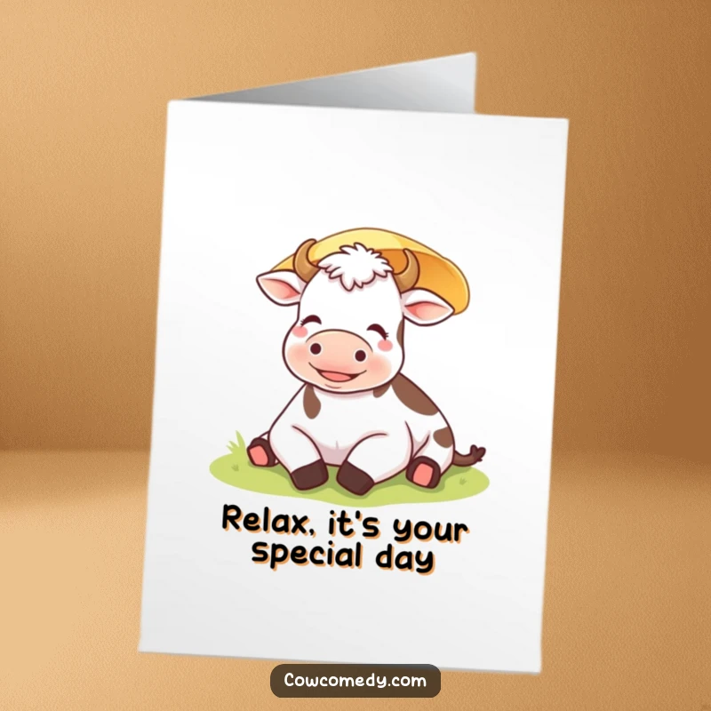 Funny Free Printable Birthday Card: Content cow sighing happily under a sunshade, embodying birthday relaxation.