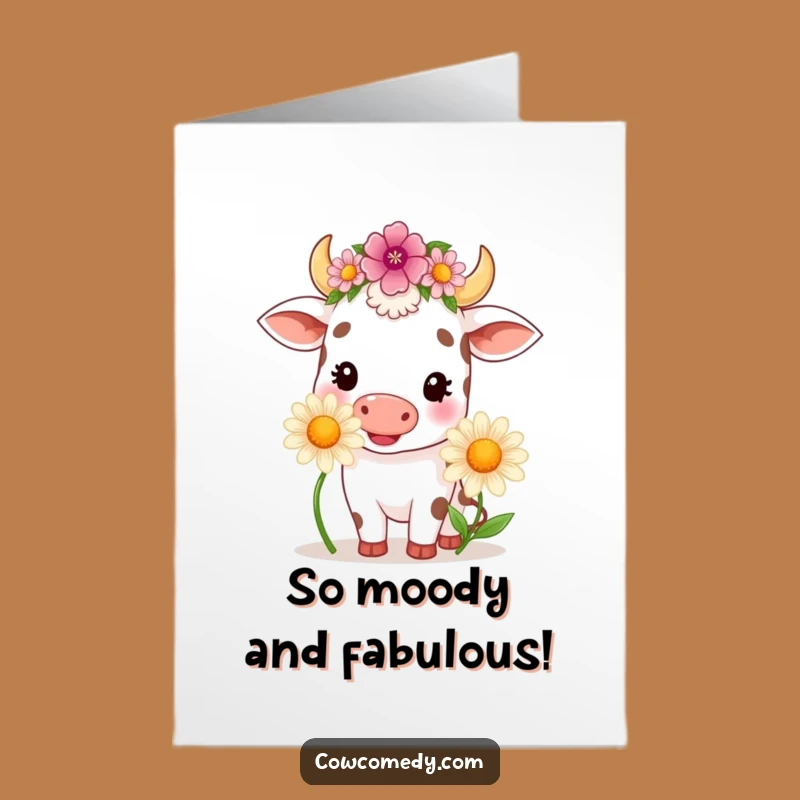 Free Printable Kawaii Cow Birthday Card: Cheerful Daisy Eater Funny Downloadable Gift