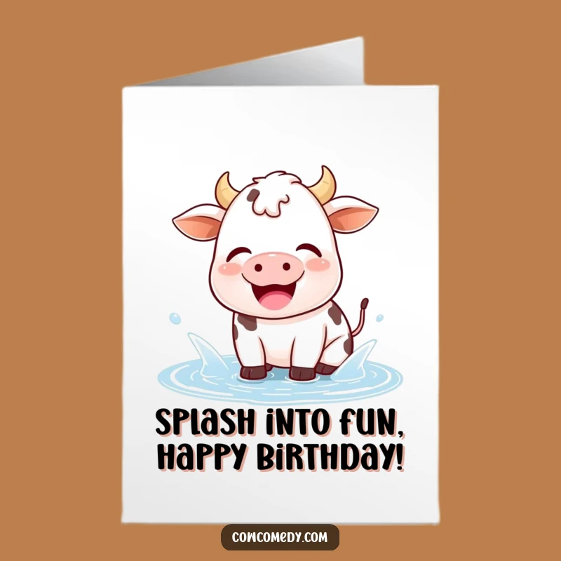 Free Printable Kawaii Cow Birthday Card: Splashing Puddle Fun Funny Gift