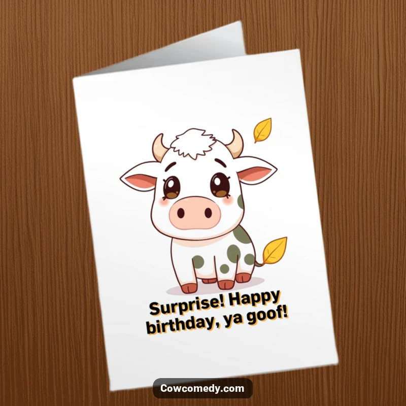 Funny Free Printable Birthday Card: A cow looks surprised as a single leaf gently falls from above.