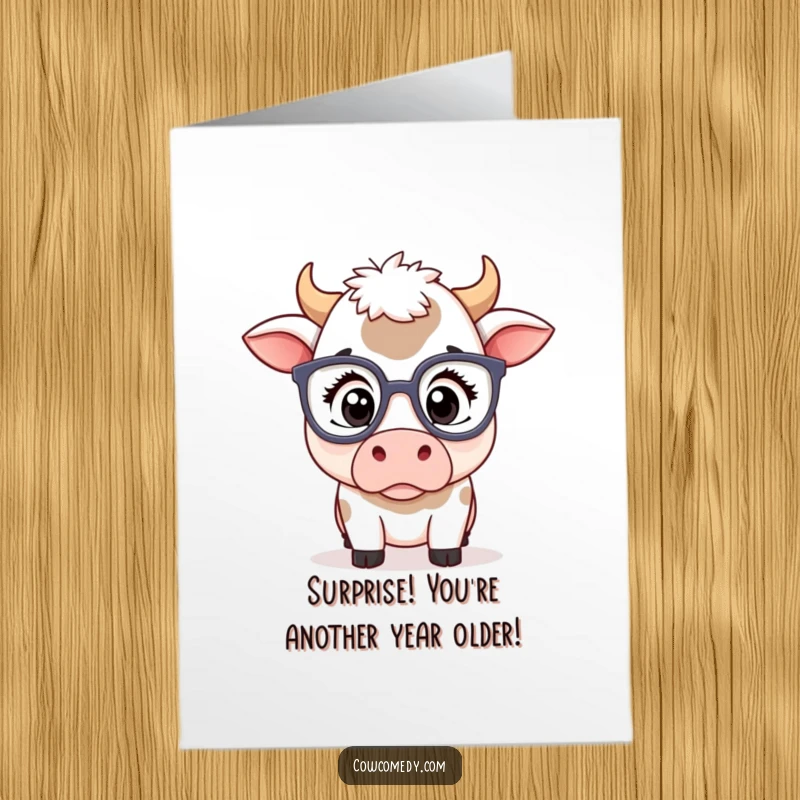 Funny Free Printable Birthday Card: Kawaii cow wearing huge spectacles, eyes wide with surprise.