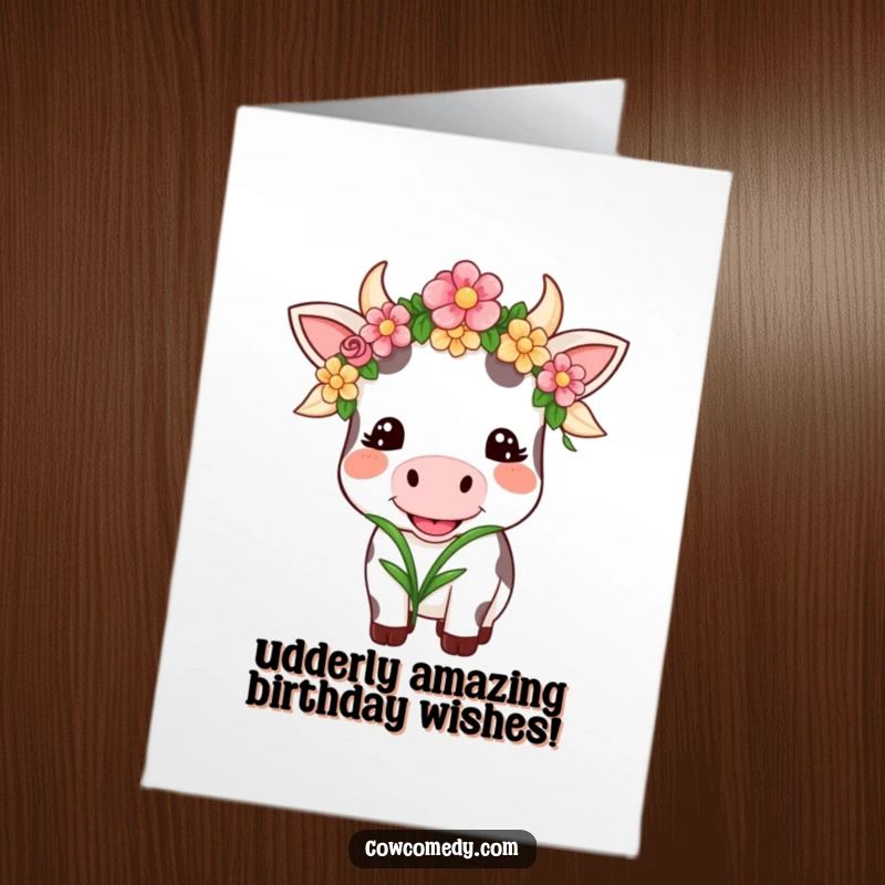Funny Free Printable Birthday Card: Kawaii cow in flower garland, happily chewing grass, spreading birthday cheer.