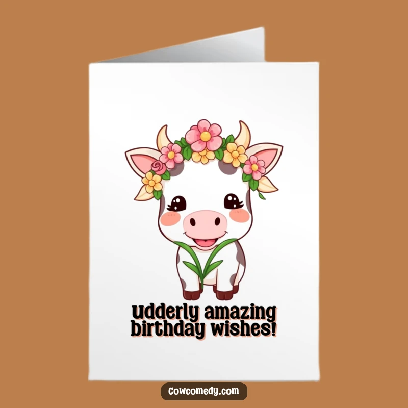 Free Printable Kawaii Cow Birthday Card: Funny Floral Cow Downloadable Gift