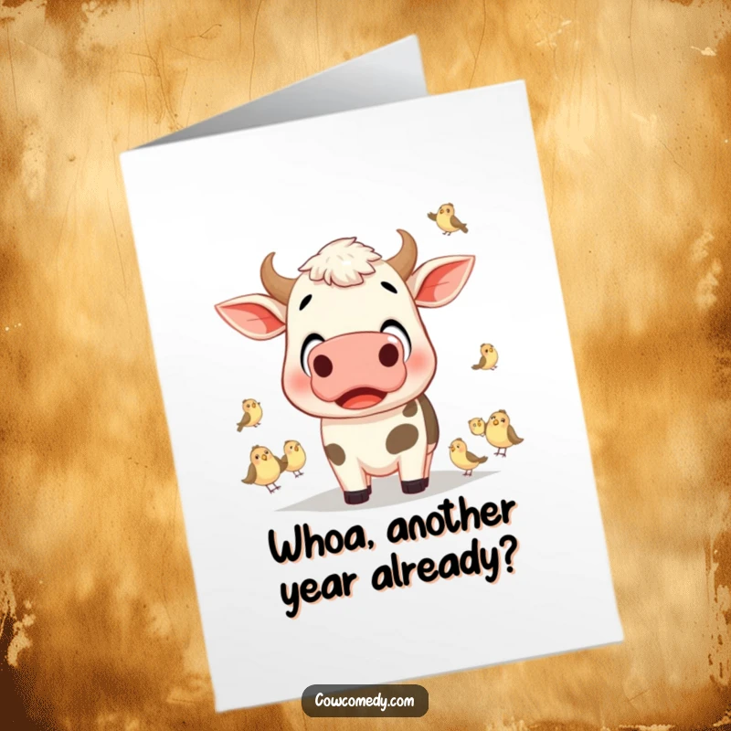 Funny Free Printable Birthday Card: Surprised cow with wide eyes, watching a flock of tiny birds with amazement.