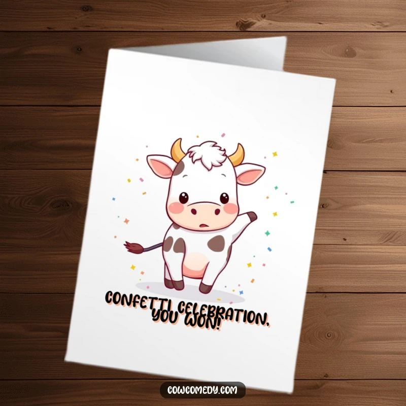 Funny free printable congratulations card showing a playful cow kicking up a small cloud of colorful confetti.