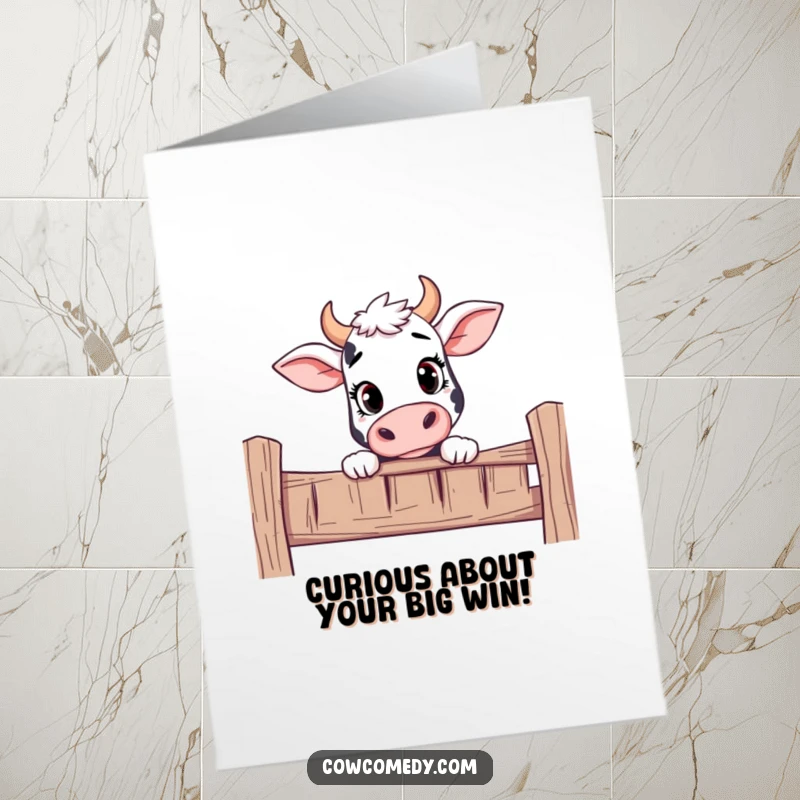 Funny free printable congratulations card featuring a curious cow peeking over a fence with an inquisitive look.