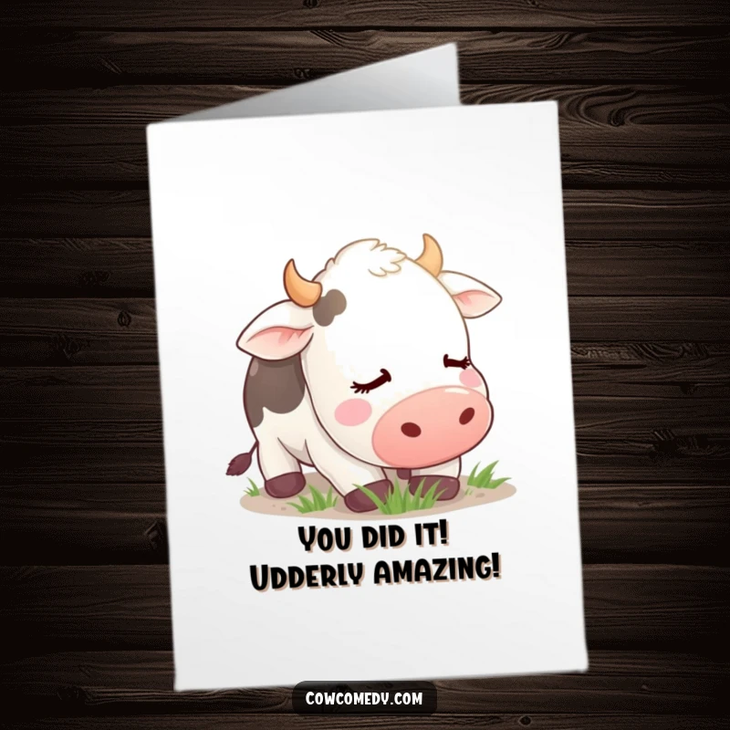 Funny Free Printable Congrats Card: Contented cow grazing with eyes shut, a peaceful, humorous downloadable greeting for any achievement.